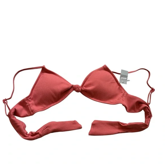 NWT, Aerie Coral Ribbed Padded Knot Front Tie Back Padded Bikini Top, Sz L - Picture 6 of 12